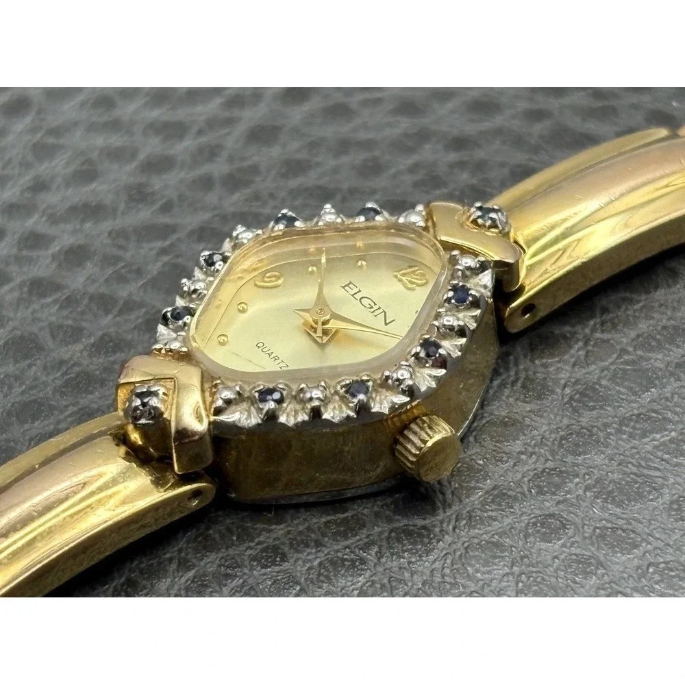 Vintage Elgin Genuine Sapphire Quartz Watch Gold Tone Untested Needs Battery